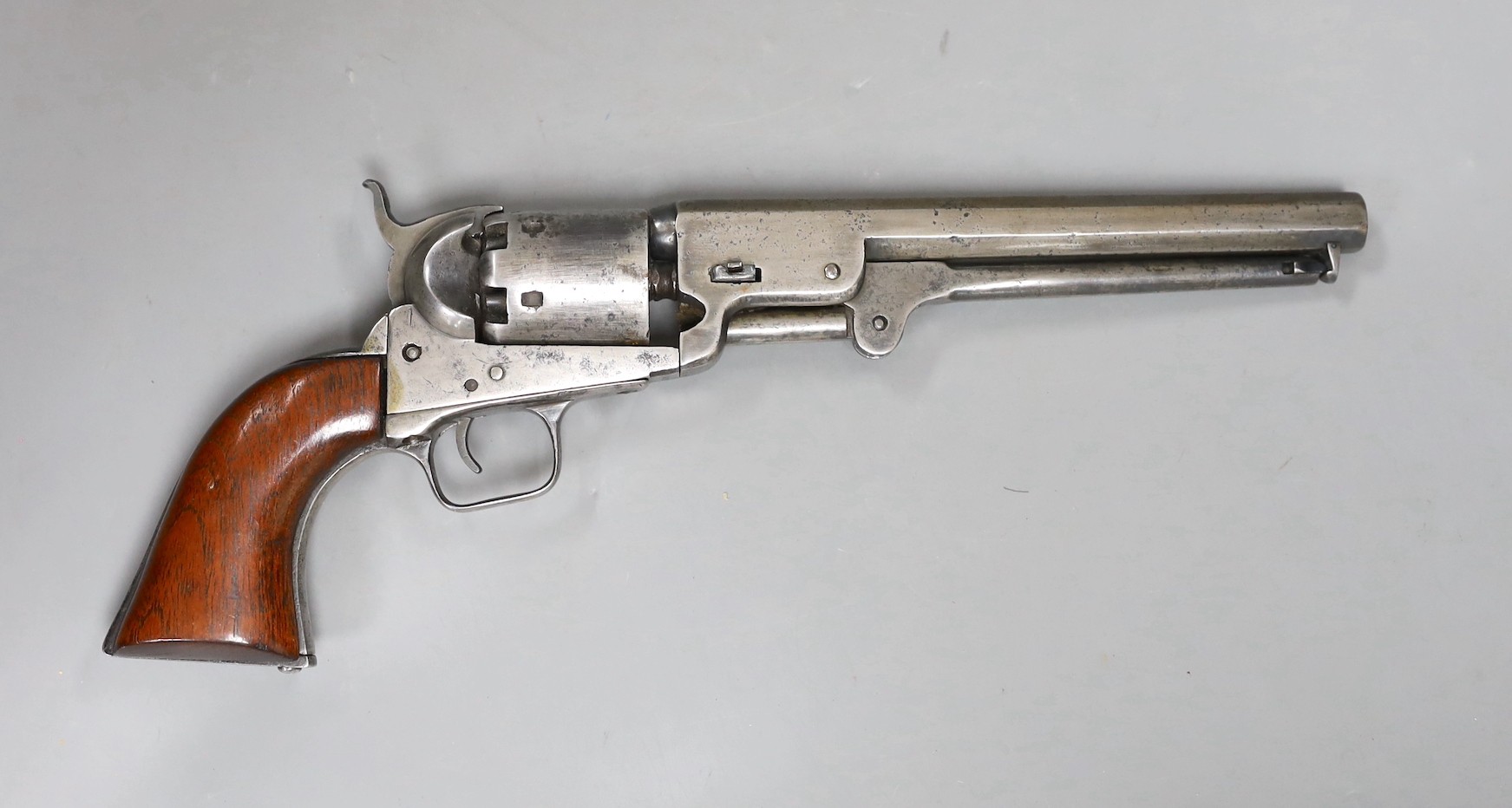 A Colt Patent revolver, under barrel loading, six shot, 7.5 inch octagonal barrel